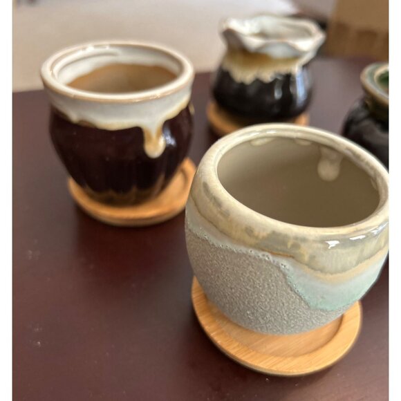 Rustic Ceramic Candle Holders Set Of 4 Bamboo Coasters - Unique Glaze Designs Sm - Picture 5 of 7